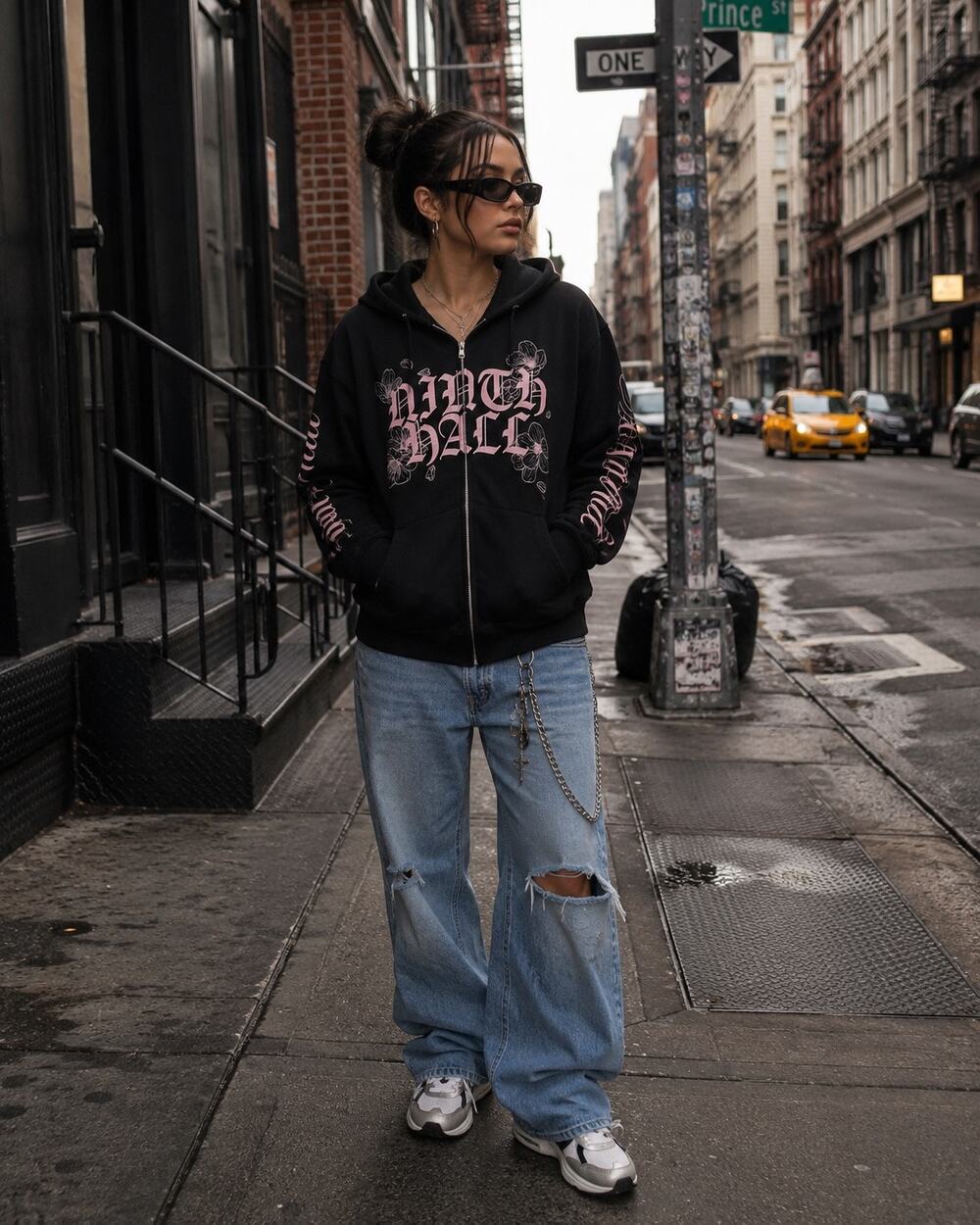 NINTH HALL Black Zip Hoodie M Pink Gothic Floral Snake Graphic Streetwear Skater